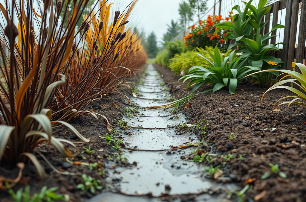 Scorched and wilted plants bordering waterlogged soil and a compacted path